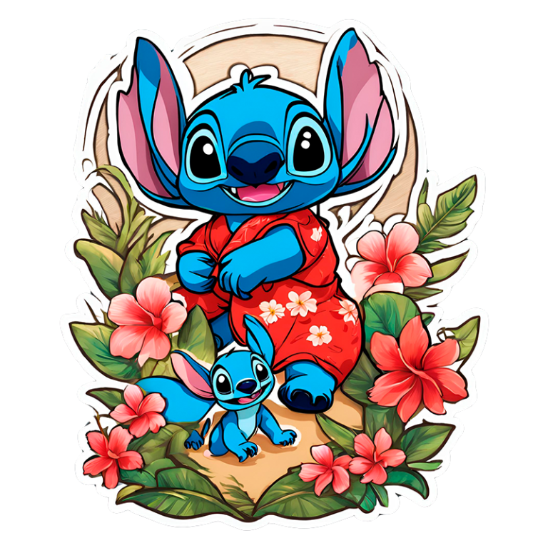 Ilustração colorida de Stitch, um personagem famoso da Disney, vestindo uma camisa havaiana vermelha, acompanhado de um pequeno Stitch, cercados por flores tropicais.