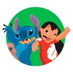 Personagens animados de "Lilo & Stitch", Lilo com uma camiseta vermelha e Stitch com um sorriso largo e divertido, em um fundo verde vibrante. Ideal para fãs de animação e cultura pop.