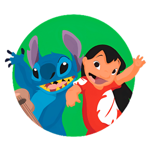 Personagens animados de "Lilo & Stitch", Lilo com uma camiseta vermelha e Stitch com um sorriso largo e divertido, em um fundo verde vibrante. Ideal para fãs de animação e cultura pop.