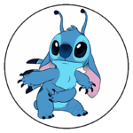 Personagem animado Stitch, do filme "Lilo & Stitch", com pele azul, grandes olhos pretos e orelhas rosa, em pose simpática sobre fundo branco.