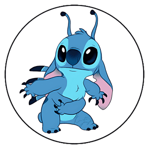 Personagem animado Stitch, do filme "Lilo & Stitch", com pele azul, grandes olhos pretos e orelhas rosa, em pose simpática sobre fundo branco.