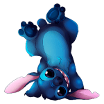 Stitch animado de pelúcia com pele azul e orelhas longas, exibindo um sorriso alegre e deitado de barriga para cima. A imagem destaca os pés do personagem, com algumas manchas nas patas, e um fundo transparente. Ideal para temas relacionados a personagens de desenhos animados.