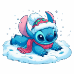Stitch usando um gorro e cachecol natalinos, brincando na neve. decoração de inverno, expressão divertida.