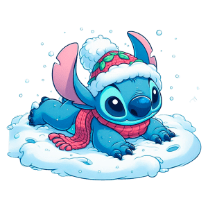 Stitch usando um gorro e cachecol natalinos, brincando na neve. decoração de inverno, expressão divertida.