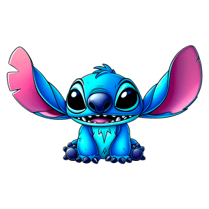 Stitch com orelhas grandes e rosa, sorrindo e sentado. Ilustração vibrante inspirada em animais fictícios, ideal para fãs de animações e cultura pop.