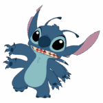 Personagem Stitch, do filme Lilo & Stitch, com pele azul, grandes olhos pretos e sarcasticamente exibindo os dentes, em uma pose divertida e animada.