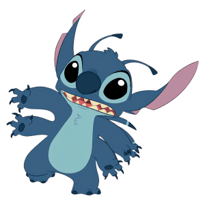 Personagem Stitch, do filme Lilo & Stitch, com pele azul, grandes olhos pretos e sarcasticamente exibindo os dentes, em uma pose divertida e animada.