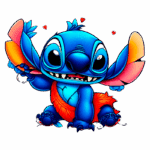 Personagem de desenho animado Stitch, com pelagem azul, expressões alegres e mostrando amor, segurando uma flor com corações ao fundo, vestindo uma saia havaiana.