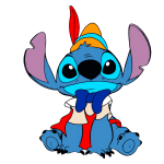 Desenho animado de Stitch, personagem azul de "Lilo & Stitch", com um chapéu listrado colorido e gravata borboleta, sentado com expressão amigável sobre fundo verde.