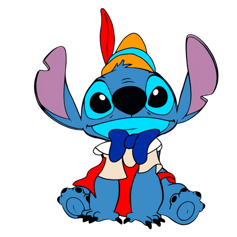 Desenho animado de Stitch, personagem azul de "Lilo & Stitch", com um chapéu listrado colorido e gravata borboleta, sentado com expressão amigável sobre fundo verde.