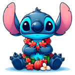 Stitch com orelhas grandes e expressivos, vestindo uma grinalda de flores coloridas e cercado por folhas e uma abóbora, sentado em uma posição fofa.