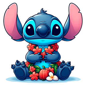 Stitch com orelhas grandes e expressivos, vestindo uma grinalda de flores coloridas e cercado por folhas e uma abóbora, sentado em uma posição fofa.