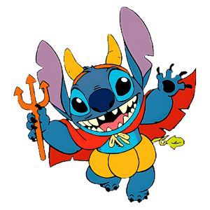 Personagem animado Stitch vestindo uma capa vermelha, segurando um tridente e sorrindo, com orelhas grandes e expressões divertidas. Ideal para conteúdos sobre animações e cultura pop.