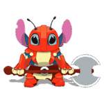 Personagem Stitch inspirado em um crustáceo, com corpo vermelho e detalhes coloridos, segurando um machado grande. As antenas e orelhas destacam-se, conferindo um visual divertido e encantador. Ideal para representações de animação ou jogos.