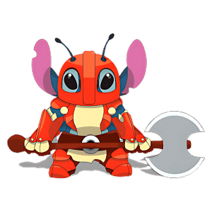 Personagem Stitch inspirado em um crustáceo, com corpo vermelho e detalhes coloridos, segurando um machado grande. As antenas e orelhas destacam-se, conferindo um visual divertido e encantador. Ideal para representações de animação ou jogos.
