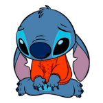 Imagem de Stitch, personagem da Disney, sentado e com expressão triste, vestido com um suéter laranja. O fundo é verde, destacando o personagem. Ideal para conteúdos sobre desenhos animados ou merchandising da Disney.