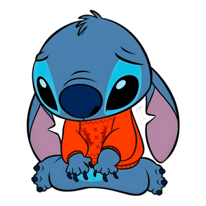 Imagem de Stitch, personagem da Disney, sentado e com expressão triste, vestido com um suéter laranja. O fundo é verde, destacando o personagem. Ideal para conteúdos sobre desenhos animados ou merchandising da Disney.