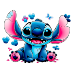 Personagem Stitch de Lilo & Stitch sentado, sorrindo, com grandes orelhas cor-de-rosa e detalhes azuis, cercado por flores e patinhas coloridas. Ideal para fãs de animação.
