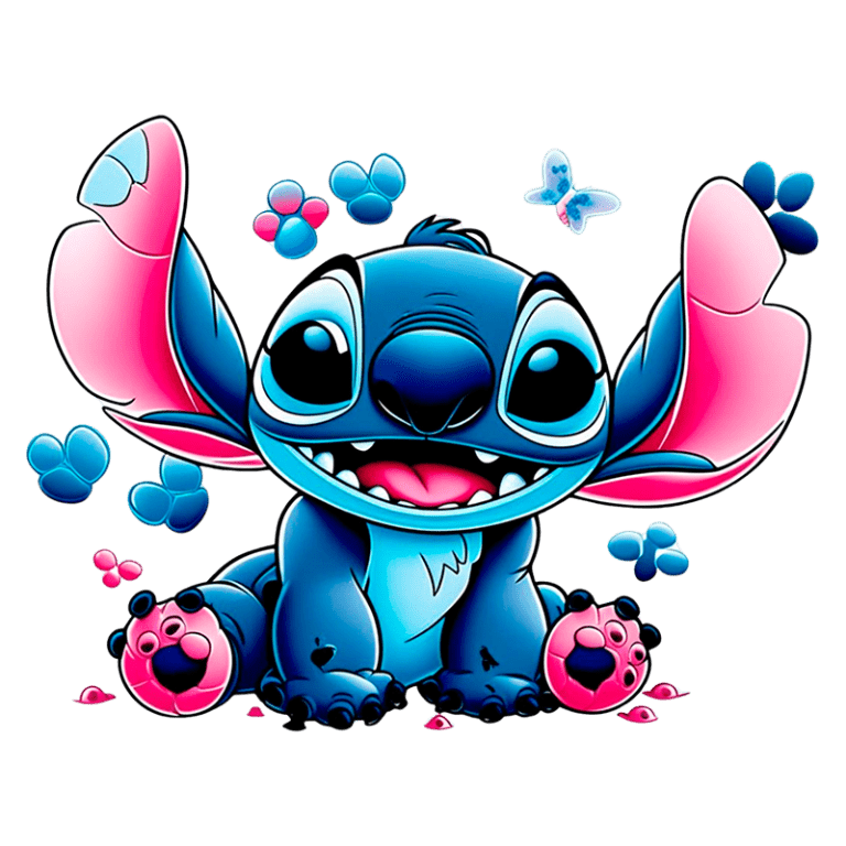 Personagem Stitch de Lilo & Stitch sentado, sorrindo, com grandes orelhas cor-de-rosa e detalhes azuis, cercado por flores e patinhas coloridas. Ideal para fãs de animação.