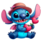 Stitch sentado, usando um chapéu de palha, segurando morangos vermelhos nas mãos. As orelhas grandes e coloridas, com um fundo claro.