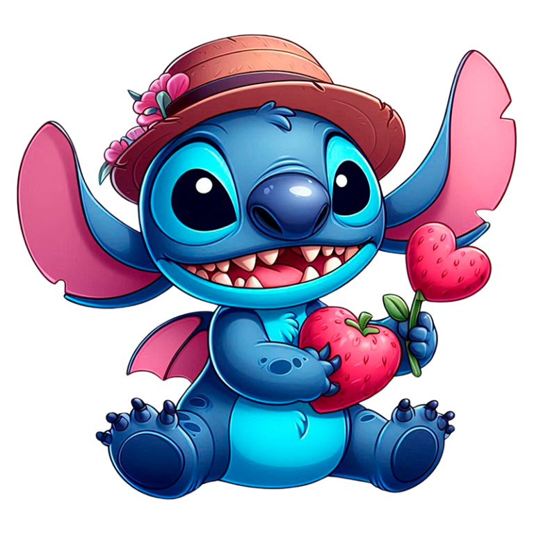 Stitch sentado, usando um chapéu de palha, segurando morangos vermelhos nas mãos. As orelhas grandes e coloridas, com um fundo claro.