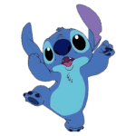 Personagem animado Stitch, com pele azul e grandes olhos, dançando alegremente e levantando uma das mãos. Ideal para ilustrar temas de amizade e diversão em conteúdos relacionados à Disney.