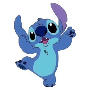 Personagem animado Stitch, com pele azul e grandes olhos, dançando alegremente e levantando uma das mãos. Ideal para ilustrar temas de amizade e diversão em conteúdos relacionados à Disney.