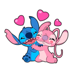 Personagens fofos e coloridos de Stitch e Angel, do Disney, se abraçando com corações rosa ao redor, simbolizando amizade e carinho.