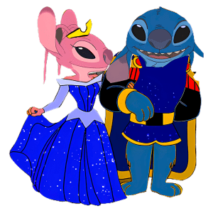 Personagens de desenho animado, Stitch e uma criatura rosa, vestidos de gala em roupas azuis. Stitch usa um traje de gala com detalhes em dourado, enquanto a criatura rosa veste um vestido longo com brilho. Ideal para temas de amizade e fantasia.