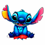 Personagem cartoon Stitch, do filme Lilo & Stitch, com pelagem azul, grandes olhos expressivos e orelhas coloridas, sentado sobre uma flor vermelha e sorrindo.