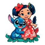 Ilustração de uma Lilo sorridente com uma roupa havaiana, acompanhada de Stitch. Ambos estão em meio a folhagens tropicais, destacando a amizade entre os personagens.