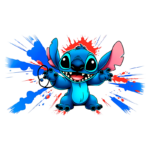 Desenho animado do personagem Stitch, de pele azul, com orelhas grandes e sorriso alegre, segurando um fone de ouvido, em meio a respingos coloridos de tinta. Ideal para postagem sobre cultura pop ou personagens icônicos da Disney.