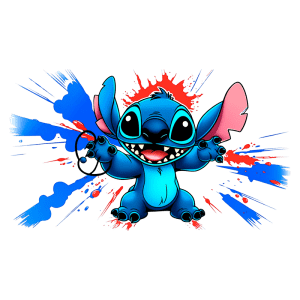 Desenho animado do personagem Stitch, de pele azul, com orelhas grandes e sorriso alegre, segurando um fone de ouvido, em meio a respingos coloridos de tinta. Ideal para postagem sobre cultura pop ou personagens icônicos da Disney.