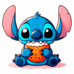 Stitch segurando um biscoito laranja, com grandes orelhas e olhos expressivos, em um fundo verde. Ideal para temas de animação e personagens de desenhos.