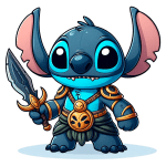 Stitch com uma expressão amigável, vestindo uma armadura ornamentada e segurando uma espada em uma das mãos. Fundo verde simples.