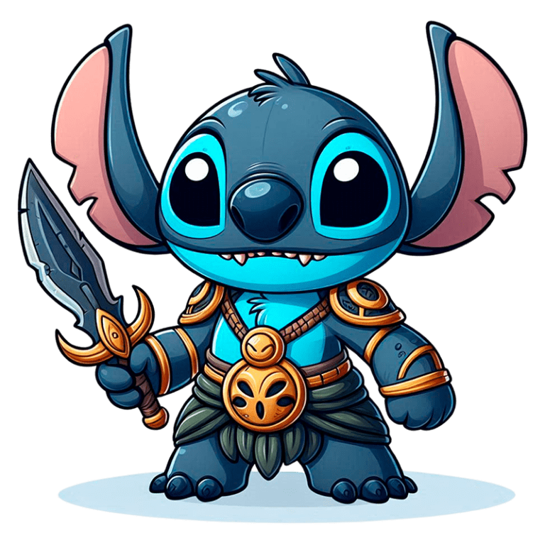 Stitch com uma expressão amigável, vestindo uma armadura ornamentada e segurando uma espada em uma das mãos. Fundo verde simples.
