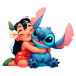 Criança feliz abraçando seu amigo Stitch, com fundo colorido e elementos da cultura polinésia, representando amizade e diversão.