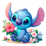 Stitch segurando uma flor, cercado por plantinhas e flores coloridas. O fundo suave destaca a expressão amigável e alegre do personagem.