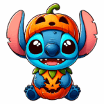 Stitch usando um chapéu de abóbora e um corpo decorado com uma abóbora esculpida, ótimo para temática de Halloween.