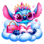 Personagem estilizado de Stitch, sentado em uma nuvem, usando óculos grandes, uma coroa e um roupão rosa, segurando uma bolsa rosa da Chanel, cercado por flores e corações. Ideal para fãs de personagens divertidos e moda.