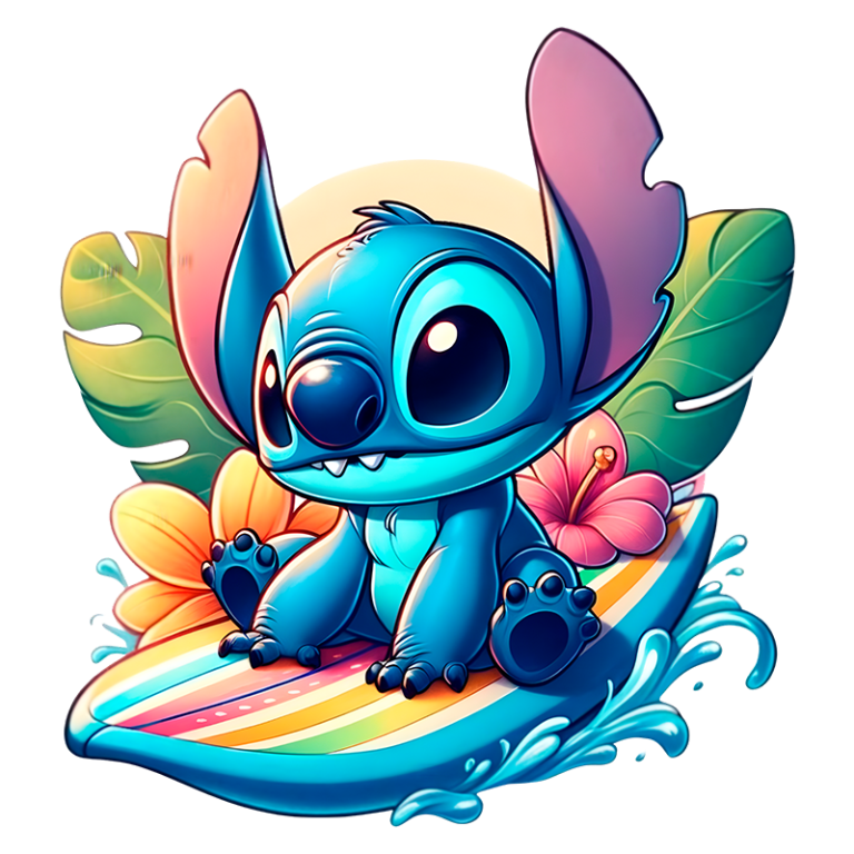 Stitch em uma prancha colorida, cercado por flores tropicais e folhas, simbolizando verão e diversão na praia.