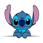 Personagem Stitch da Disney com orelhas grandes e corpo azul, com expressão amigável, apoiando as patas dianteiras em uma superfície. Ideal para temas de amizade e fantasia.