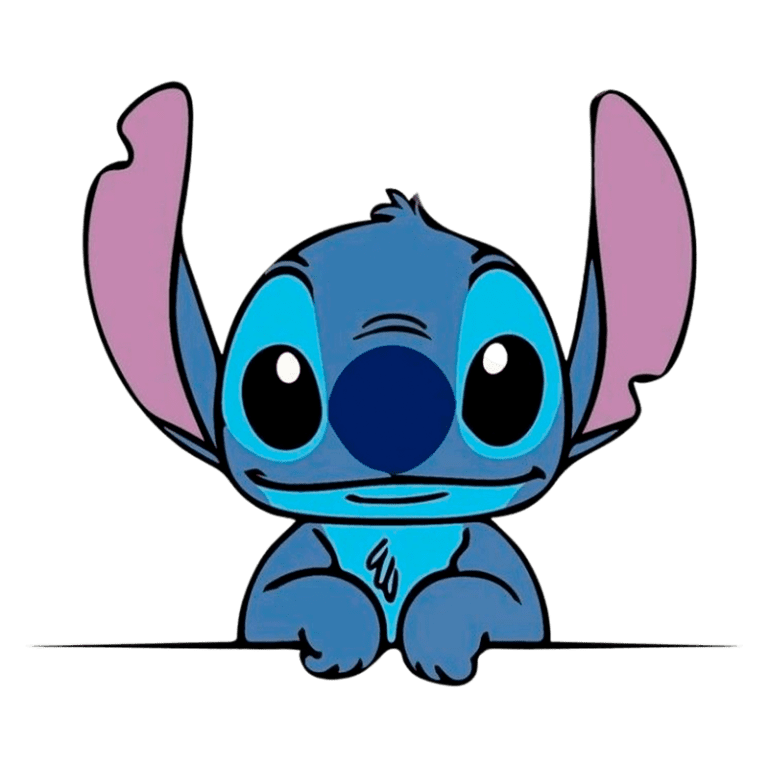 Personagem Stitch da Disney com orelhas grandes e corpo azul, com expressão amigável, apoiando as patas dianteiras em uma superfície. Ideal para temas de amizade e fantasia.