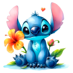Stitch sentado entre flores coloridas, transmitindo uma expressão fofa e amigável. Ideal para temas de amizade e natureza.