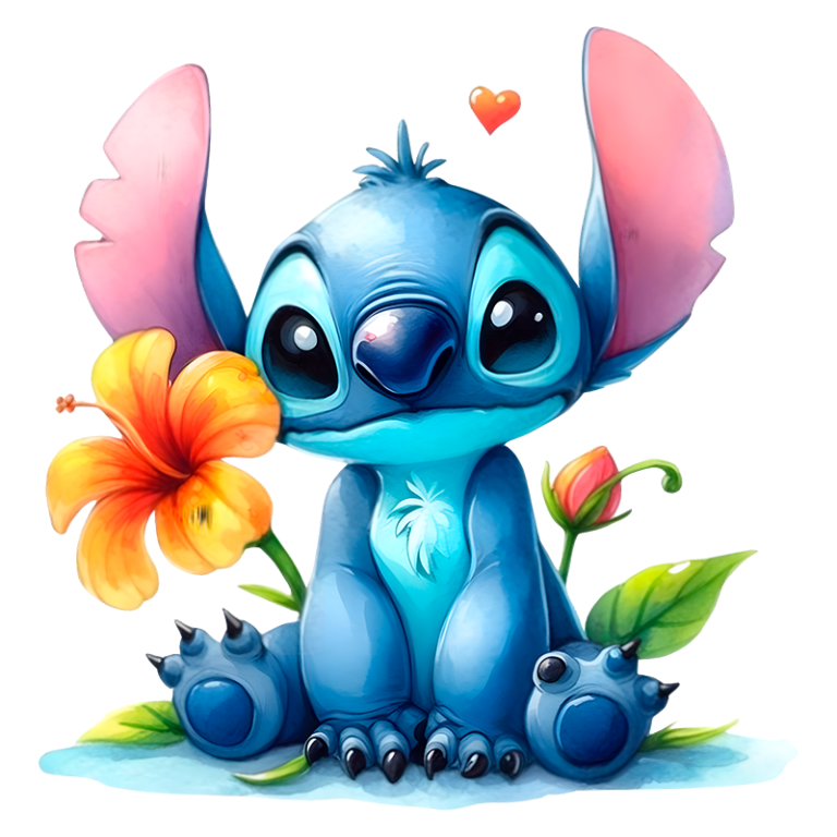 Stitch sentado entre flores coloridas, transmitindo uma expressão fofa e amigável. Ideal para temas de amizade e natureza.