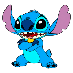 Personagem Stitch do filme Lilo & Stitch, com pele azul, grandes orelhas e expressão sorridente, cruzando os braços. Ideal para conteúdos sobre Disney e cultura pop.