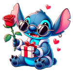 Stitch segurando uma rosa vermelha e um presente com laço. Ele usa óculos escuros e está cercado por corações. Ideal para ilustrações de amor e celebrações.