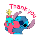 Stitch segurando um coração pink e um boneco com elementos decorativos, ao lado da frase "Thank you" em vermelho, expressando gratidão de forma divertida e colorida.