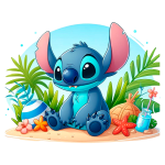 Personagem Stitch sentado na praia, cercado por folhas verdes, flores coloridas, um ovo de Páscoa e uma bebida refrescante. O personagem tem pele azul e grandes orelhas rosadas, transmitindo um ambiente tropical e alegre.