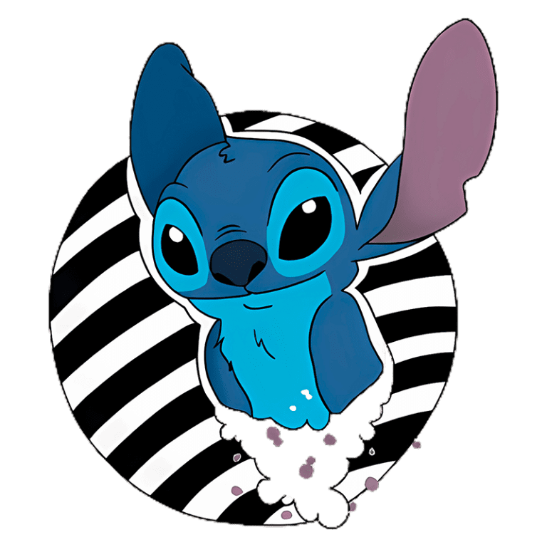 Personagem Stitch com fundo de listras pretas e brancas, ilustração em estilo cartoon, destacando sua expressão amigável e suas grandes orelhas. Ideal para fãs de animações da Disney.